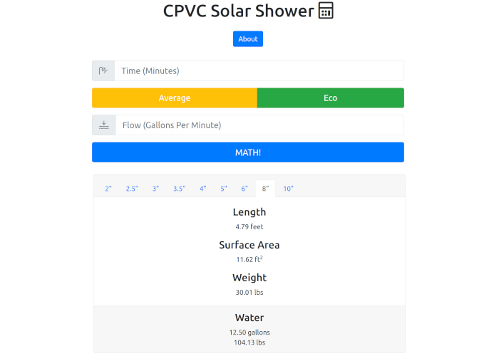 Van life solar shower calculator. This tool finds the materials and projected weights for sizing pipe-based solar showers.